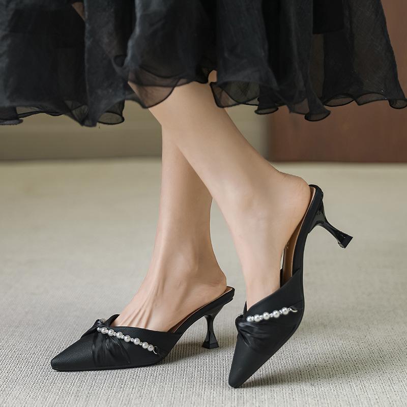 Women's Vulcanized Shoes Pointed Toe Mid Heel Rhinestone Sandals Slip On Slingback Pumps New Hot Trendy Versatile