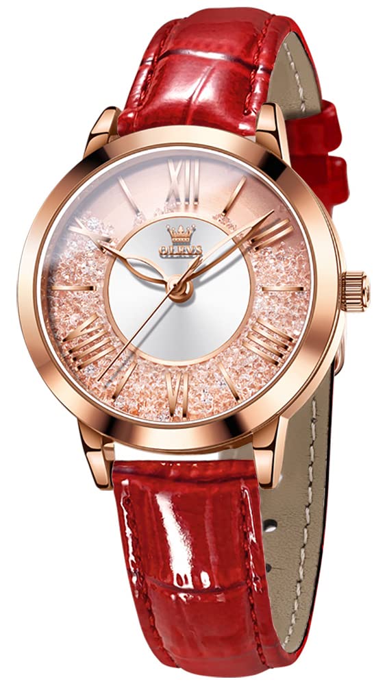 OLEVS Popular Quartz Watch with Rose Gold Diamond and Quicksand Sparkling Waterproof and Perfect Gift for Leather Red Women's Dial, Luminous, Mother's