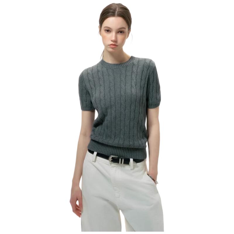 ICH MODE Women s  Old Money  Cable Knit Short Sleeve T-Shirt L