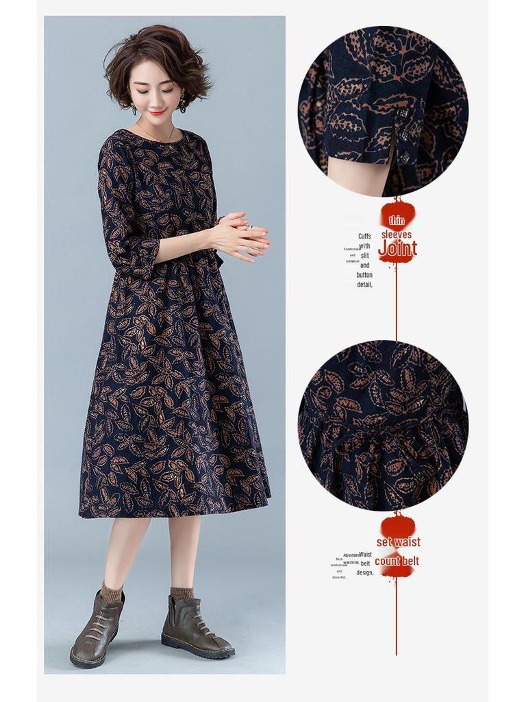 2024 Floral Long-Sleeved Dress for Women, Elegant Spring/Autumn Wear for Middle-Aged to Elderly (Age 40+)