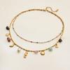 Uworld Fashion Vacation Style 18K Gold Color Plated Stainless Steel Natural Color Stone Pendant Necklace Stackable Double layer