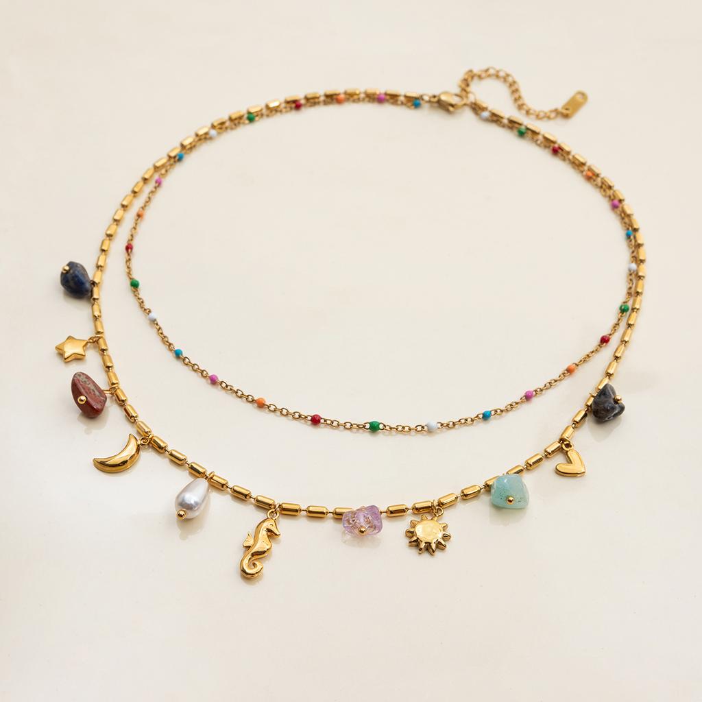 Uworld Fashion Vacation Style 18K Gold Color Plated Stainless Steel Natural Color Stone Pendant Necklace Stackable Double layer
