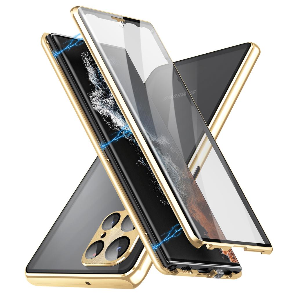 For Samsung Galaxy S22 Ultra 5G Phone Case Double-Sided Tempered Glass+Magnetic Metal Frame Cover with Lock Buckle
