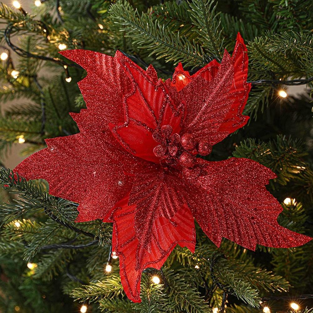 2pcs 26cm Christmas Glitter Flower Simulation DIY Artificial Poinsettia Flower Hanging Festival Sequins Flower