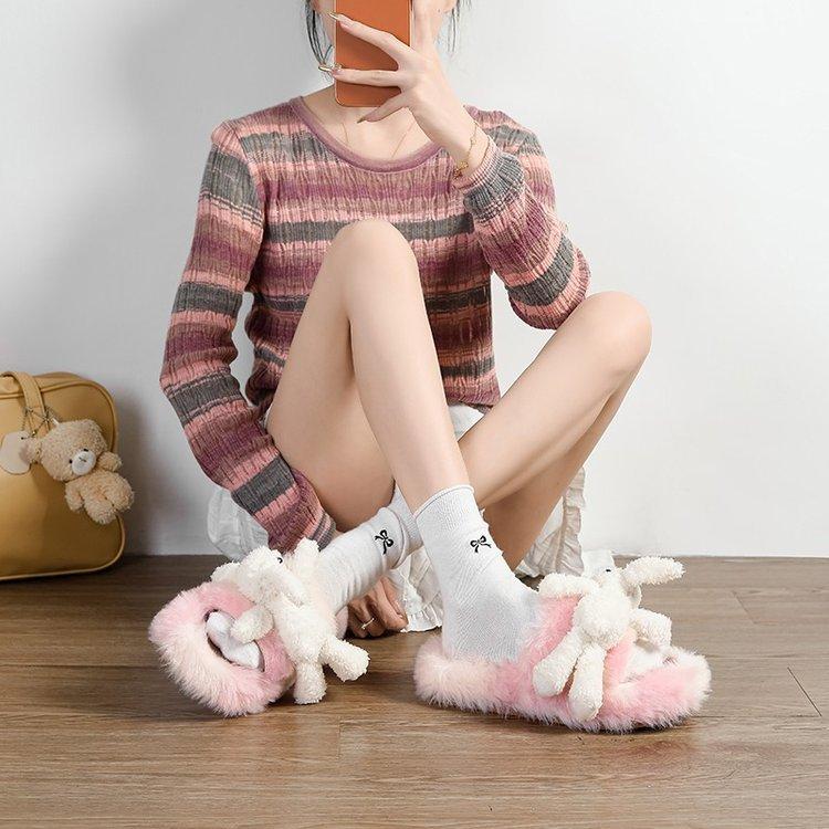 Cute Fluffy Slippers Women's 2025 Autumn and Winter New Temperament Fashion Doll Versatile Lazy Wearing Plush Slippers Women
