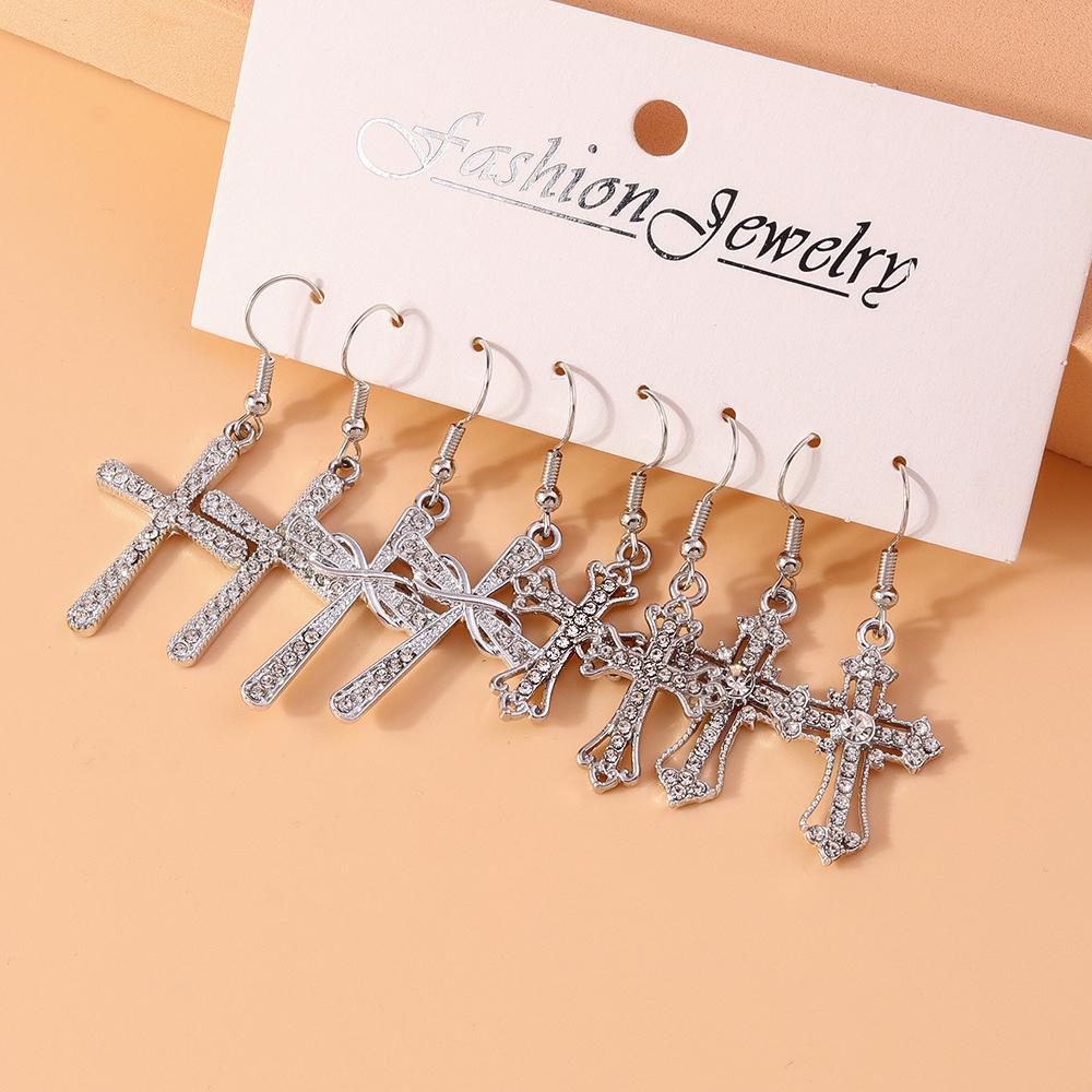 4pairs/set Fashion Rhinestones Religious Cross Drop Earrings for Women Men Earrings Hip Hop Punk Jewelry Gift