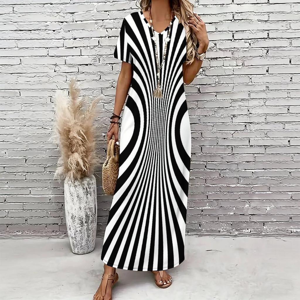 Women Plus Size V Neck Short Sleeve Black White Printed Straight Long Dress