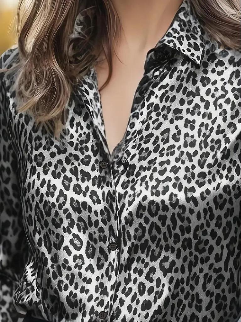 Elegant Leopardmönstrad Blommig Långärmad Topp för Kvinnor