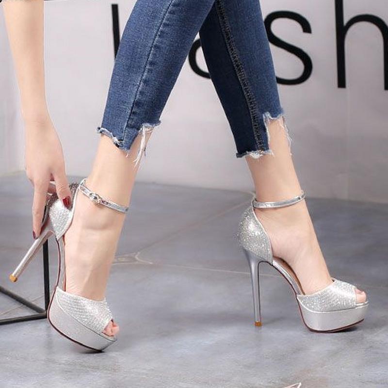 Fashion FHC 2025 New Women High Heeled Sandals,Platforms Rhinestone Summer Shoes,Peep Toe,Ankle Buckle Strap,Champagne,Silver,Dropship