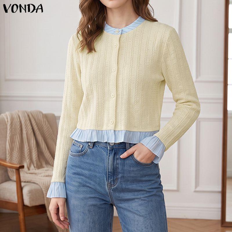 VONDA Womens Striped Stitching Texture Casual Cropped Fitted Tops Blouse