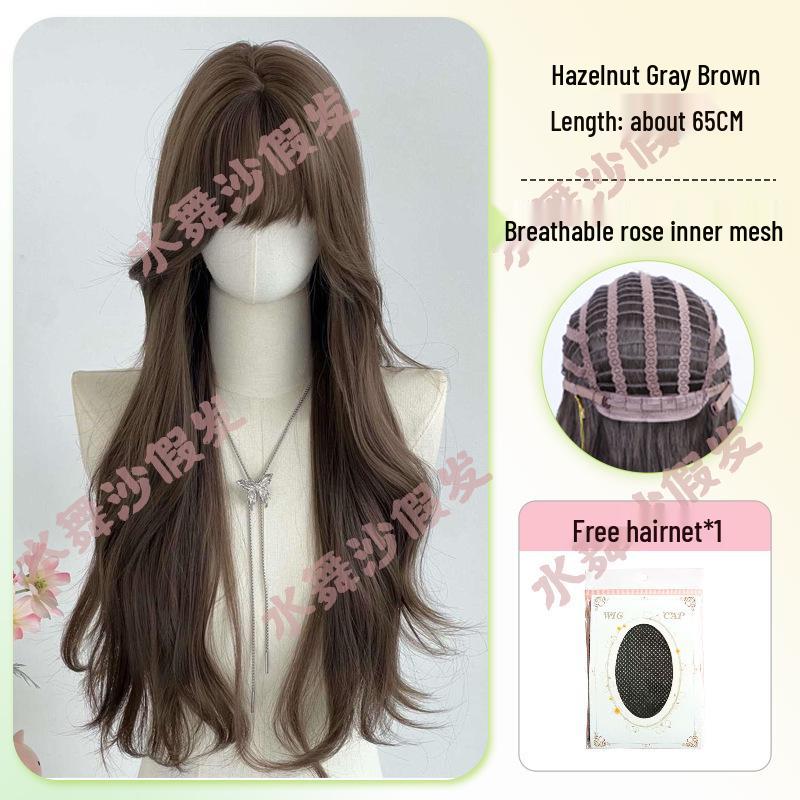 Women's Long Wavy Curly Wig with Natural-Looking Bangs