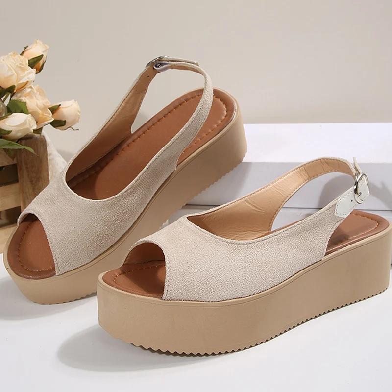 Fashion Vintage Beige Chunky Platform Sandals Women Simple Back Buckle Peep Toe Sandal Ladies Fashion New High Heel Wedge Sandals Female