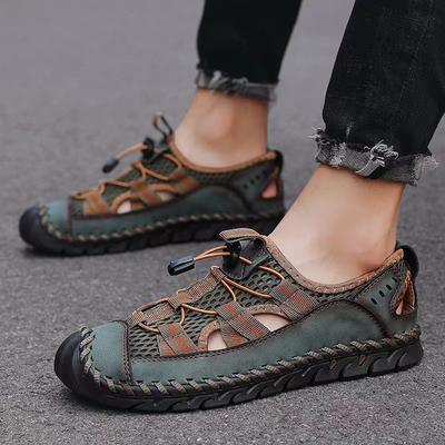 Summer New Genuine Leather Closed Toe Sandals Men's Outerwear Mesh Driving Beach Shoes Summer Leisure Wading
