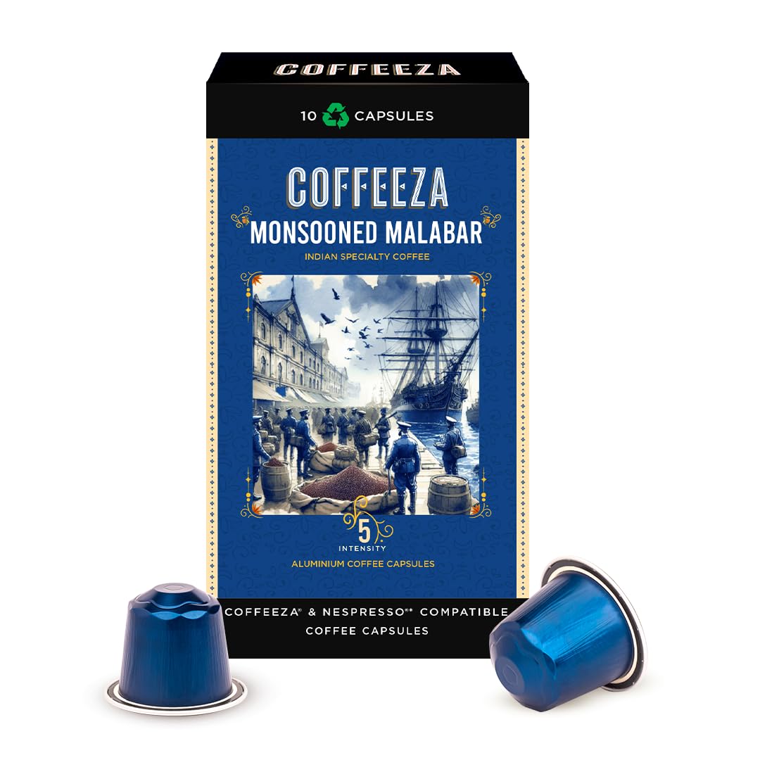 Coffeeza Monsooned Malabar Aluminium Coffee Capsules,(AA Arabica) Intensity - 5/10 (Box of 10 Coffee Pods)