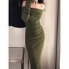 [] Temperament Celebrity Long Birthday Party Dress Niche Sexy One-word Shoulder Knitted Dress Autumn and Winter