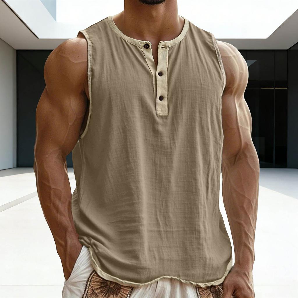 Men Color Block Sleeveless Muscle Workout Gym Shirts Casual Button Down Slim Fit Tee