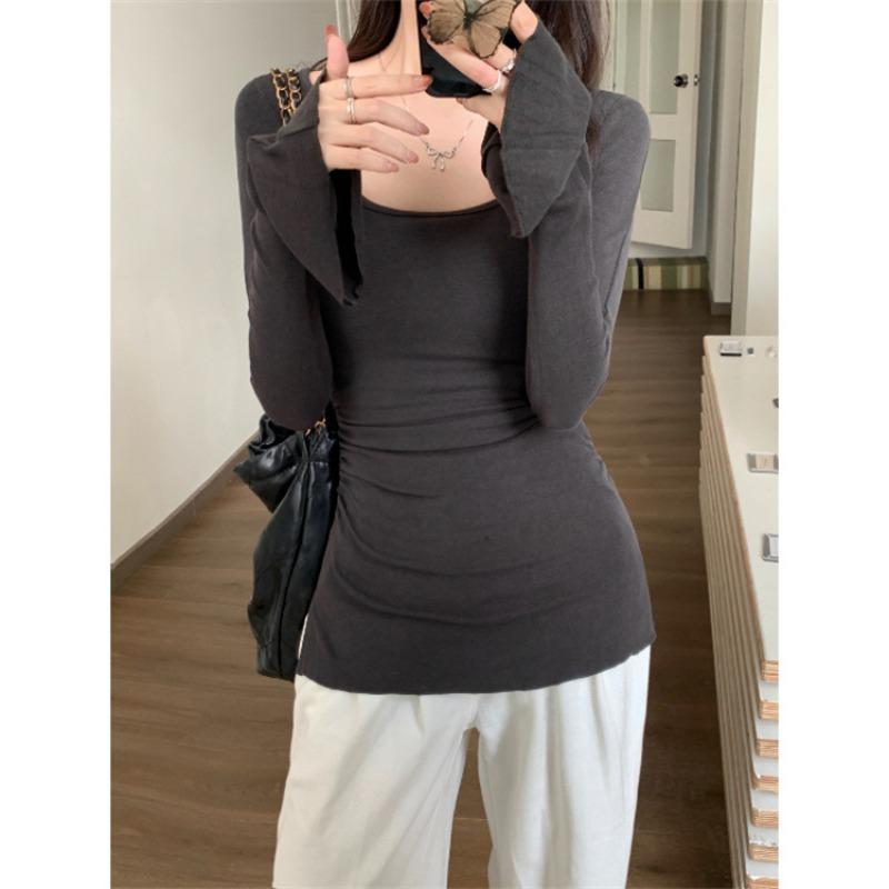 Echte Aufnahme großer Ausschnitt U-Ausschnitt langärmeliges T-Shirt Damen Herbst Slim-Fit Spice Girl eng anliegendes Taillentop