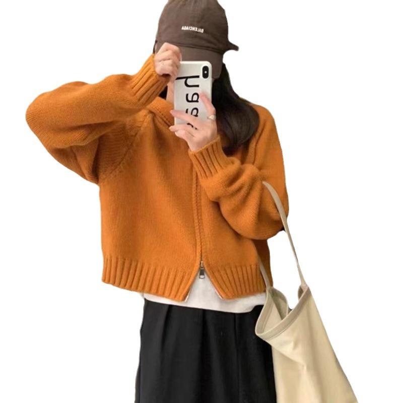 Double Zipper Hooded Knitted Cardigan Women's Autumn Lazy Style Niche Design Sense Stacked Wearing Short Chic Coat