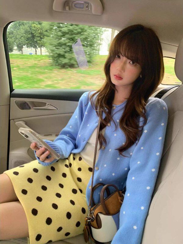 Women's Korean Polka Dot Knit Cardigan - Blue, Spring/Autumn