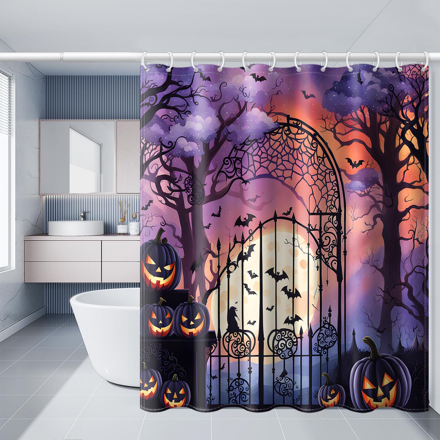 

1Pc Purple Halloween Forest Bat Pumpkin Shower Curtain With Plastic Hook, Cartoon Curtain Pattern Printed Bathroom Partition W60H190(CM)-1 Pcs