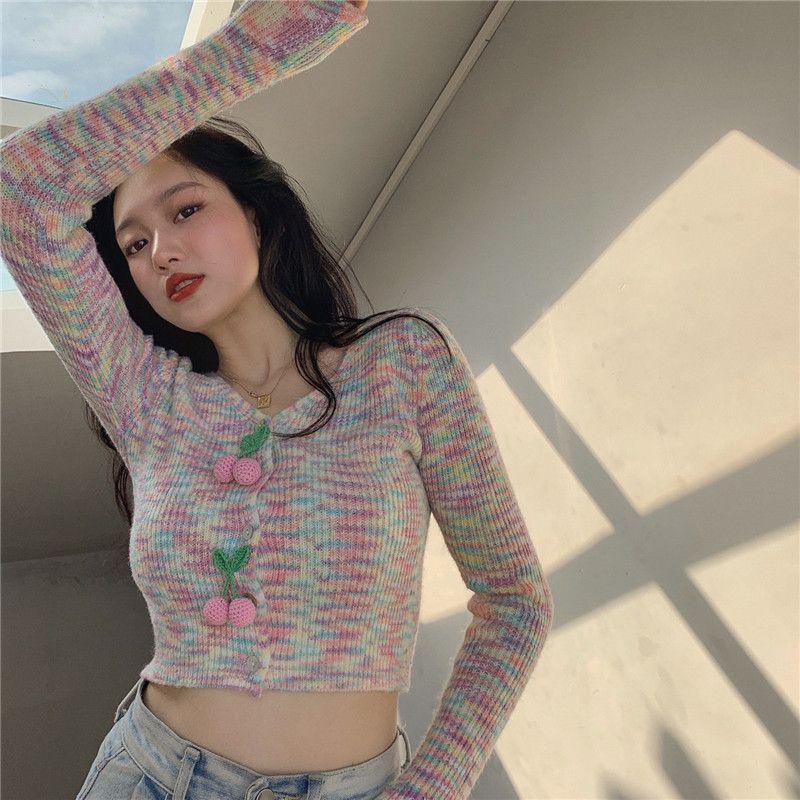 Rainbow V-Neck Cardigan Sweater: 2025 Women's Slim Fit Knitted Autumn/Winter Top