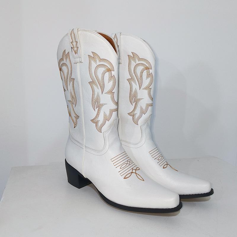 Fashion Pointed toe boots with embroidery, medium-heeled thick heels, large-size slip-on mid-calf western boots for women