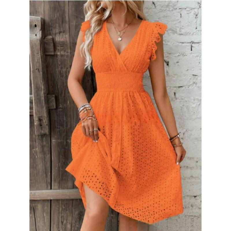 Women's Ruffle Sleeve Hollow Out Dress Elastic Waist V Neck Midi Sundress Casual Summer Party Dress