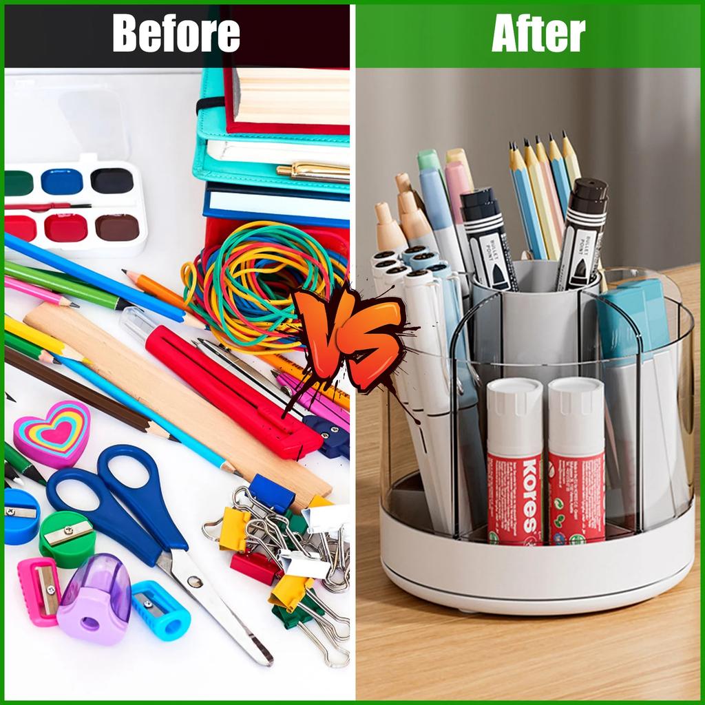 360° Rotating Pencil Organizer Large Capacity Round Desktop Storage Holder with 6 Compartments Cosmetic Brush Organizer