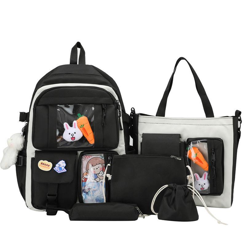 INS High School Durable Five-Piece Backpack Set for Girls - Large Capacity, Double Shoulder Bag for Junior and Middle School Students