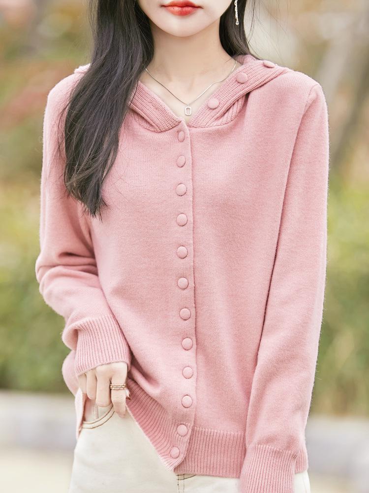 Women's Red Hooded Knit Cardigan - Autumn/Winter Fashion, Age-Reducing, Loose Slim Fit Sweater