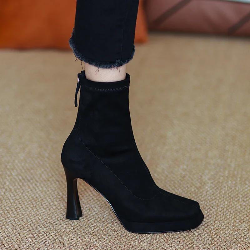 Fashion Square High Heel Women Ankle Boots Fashion Zippers Shoes Autumn Winter Square Toe Ladies Dancing Party Prom Shoes