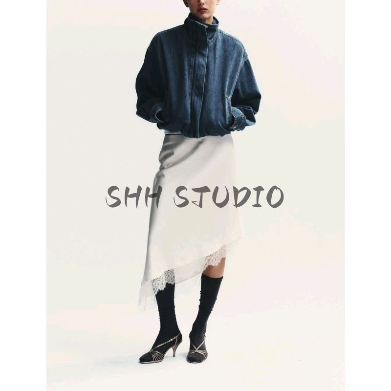 Autumn New Women Clothes French Style Drop Shoulder Elastic Hem Stand Collar Long Sleeve Denim Jacket 1300070