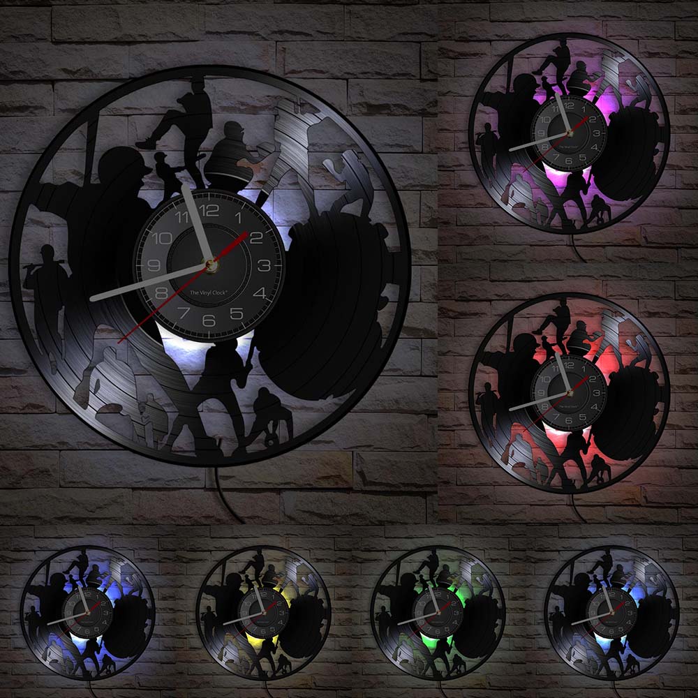 Baseball Player Silhouette Wall Art Clock Softball Vintage Vinyl Record Wall Clock Softball Club Sports Room Decor Baseball Gift