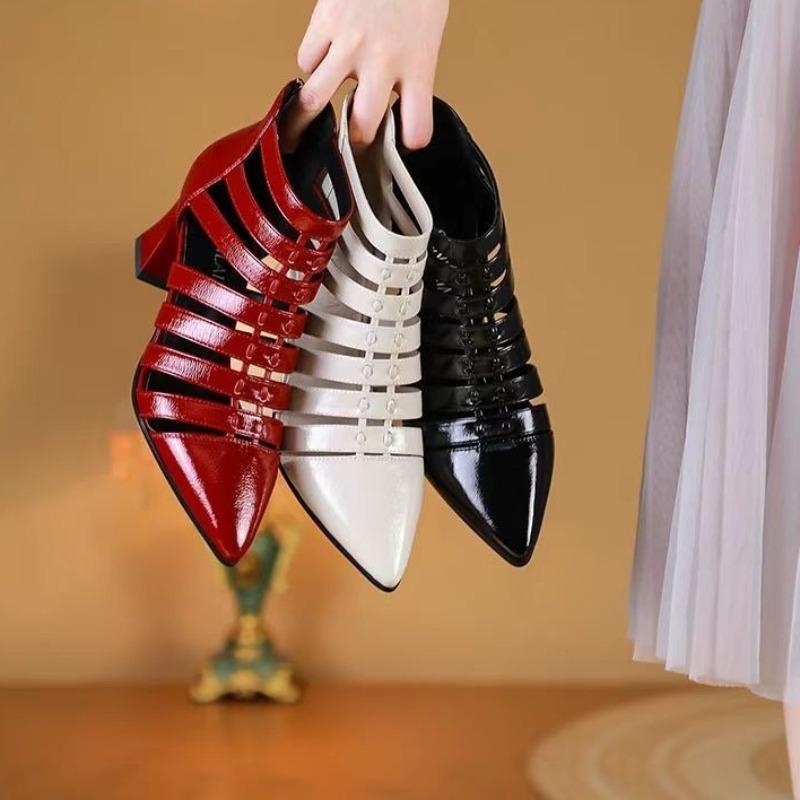 Pointed Toe Hollow-out Baotou Sandals Summer New Block Heel Temperament Roman High Heel Women's Shoes