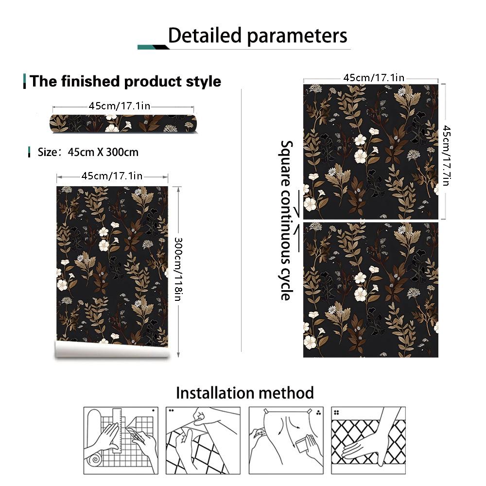 Black Floral Wallpaper Peel and Stick Contact Paper Waterproof Self-Adhesive Vinyl Wrap for Bedroom  Bathroom Cabinets Decor