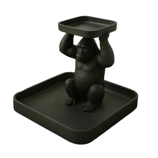 Desktop Organizer for Keys 3D Printed Gorilla Decorative Tray, Squatting Figure with Dual-Tier Storage Entryway Table Decor Jewelry Small Trinkets,