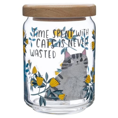 Koji Company Glass Canister with Wooden Lid, Made in Japan, "Time Spent with Cats," 640ml, Clear, 40158
