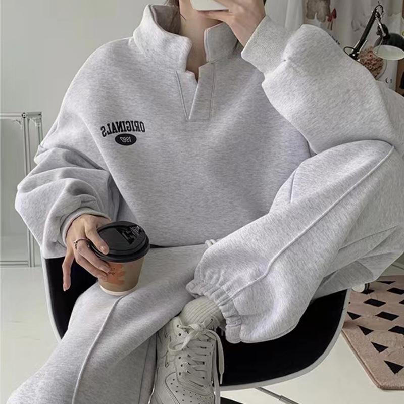 Women's 2024 Autumn/Winter Fleece-Lined Sweatshirt & Sweatpants Set - Fashionable Casual Two-Piece for Running or Sports