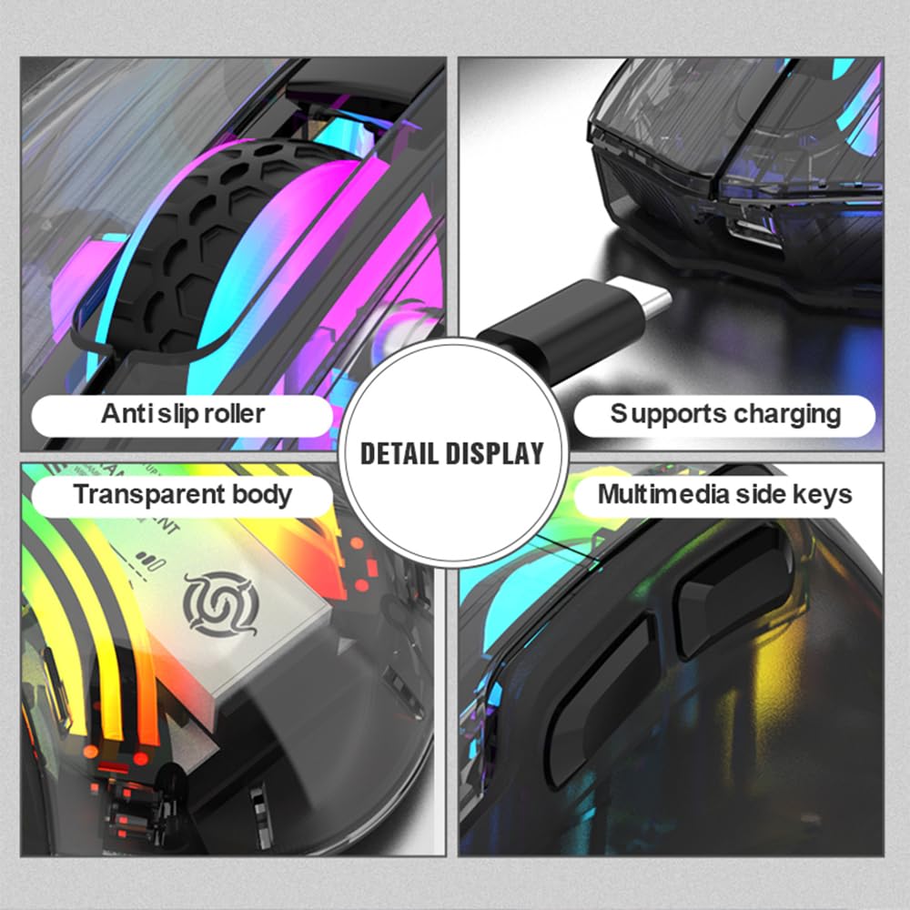 Docooler Wireless Gaming Mouse, Transparent Crystal Shell, 3 Modes (USB Wired + 2.4G Wireless + Bluetooth), 3600DPI Adjustable eSports Mouse,