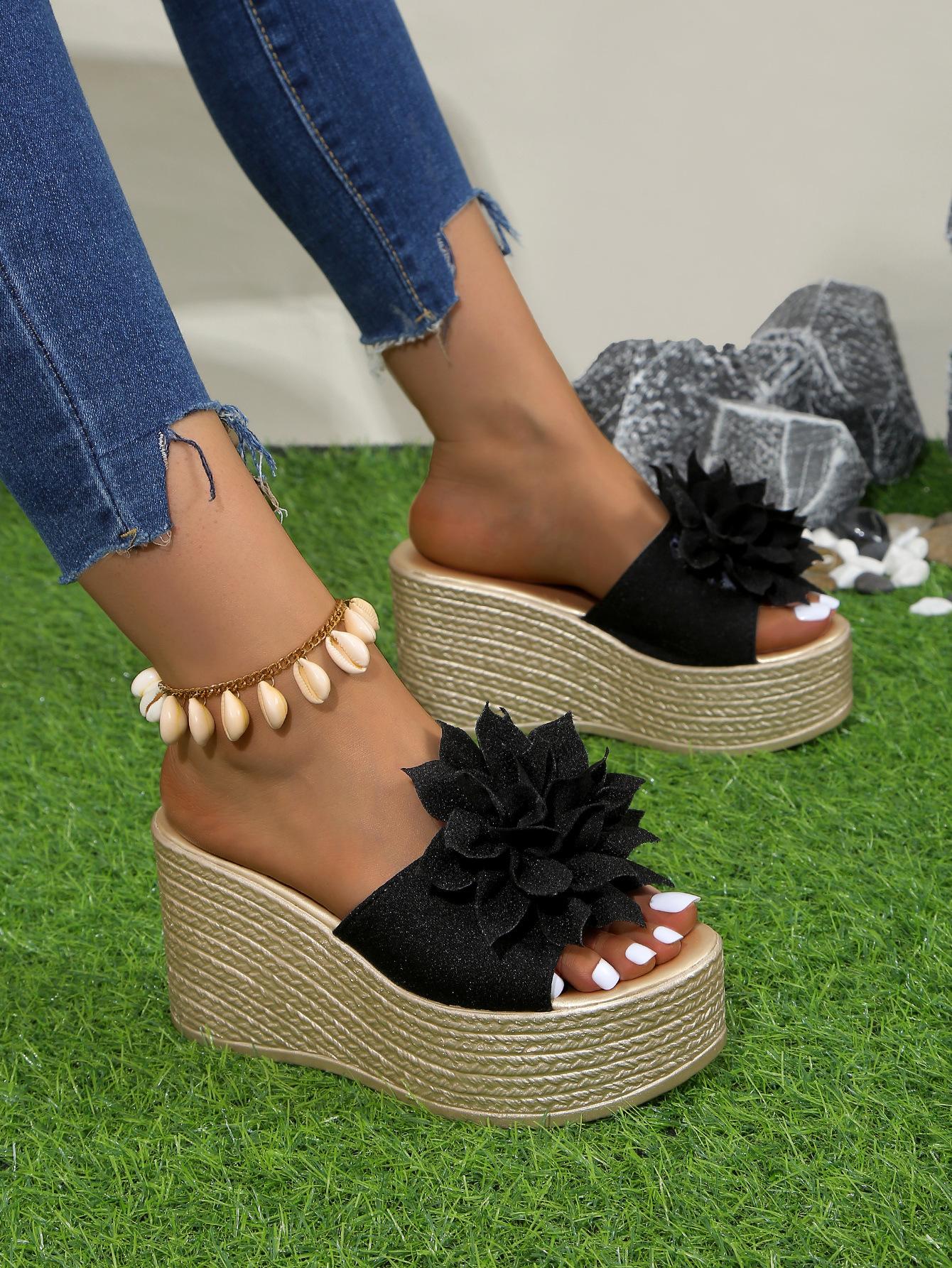 

Platform sandals wedge heel women s fashion summer new Korean version slippers wear large size cool slippers muffin bottom bow 43 чорний