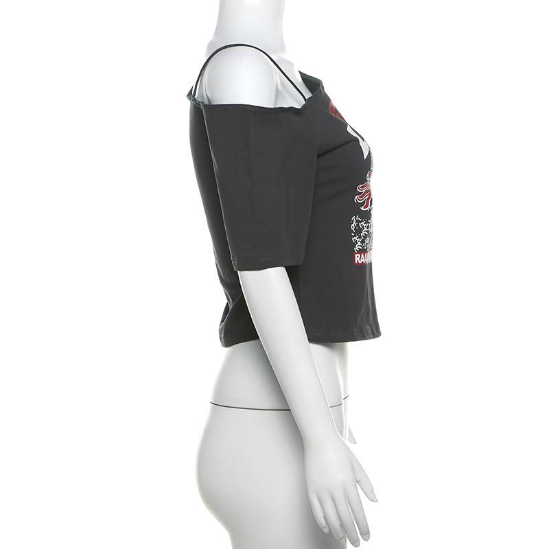 Gothic T-Shirt Y2k Buchstabenprint Off-Shoulder Punk T-Shirts Damen Harajuku Sommer Streetwear Grunge T-Shirt Ästhetische Sexy Crop Tops