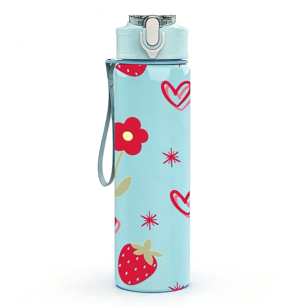 1PC Strawberry And Heart Cute Sweet Pattern 750ml Color Plastic Sports Water Bottle Leakproof Flip Straw Lid Suitable for Sports Office Home Use