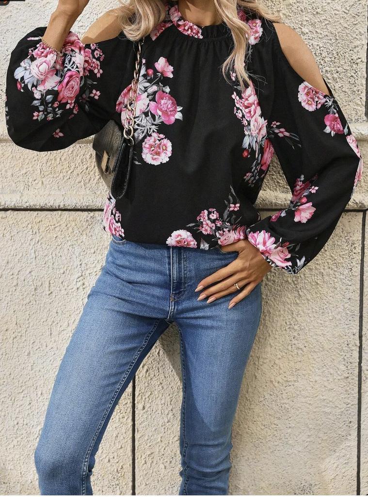 European and American new off-the-shoulder long-sleeved tops, holiday floral neck-digging shoulder lantern-sleeved shirts