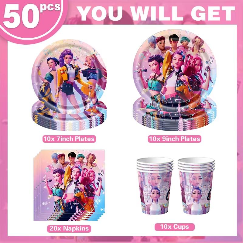 Kit de Décoration Tout-en-Un pour Fête d'Anniversaire d'Enfants K-pop - Vaisselle en Papier, Gobelets, Boîte à Bonbons, Sacs Cadeaux, Bannière pour Célébrations Festives