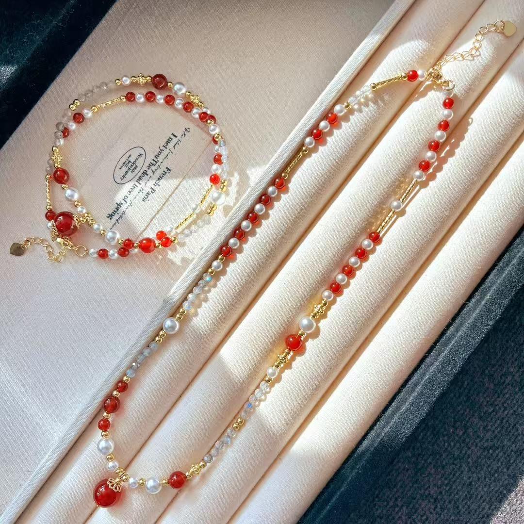 Vintage High-Quality High-Gloss Artificial Crystal Pearl Natural Chalcedony Gray Moonstone Collarbone Chain Necklace