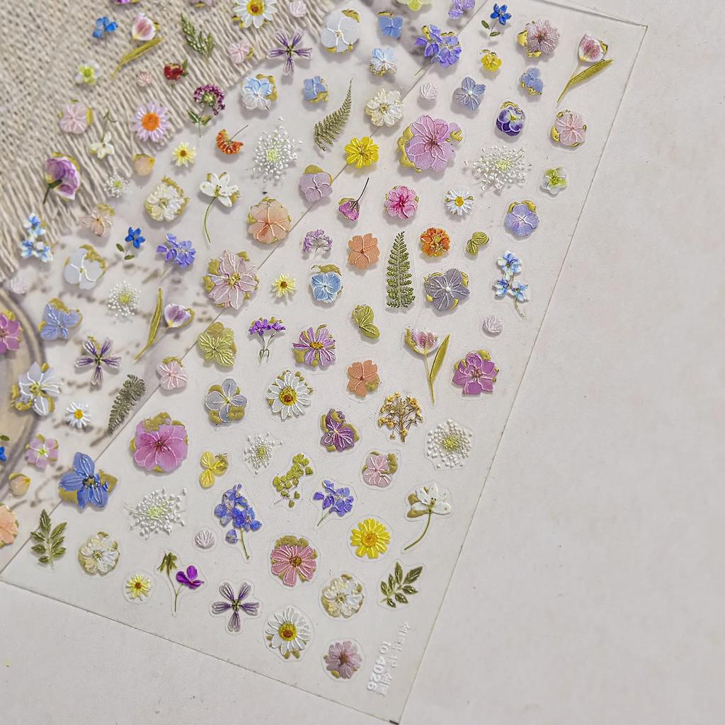 Charming Petal Flower Colorful Wildflowers Daisy Leaves 5D Relief Self Adhesive Nail Art Sticker Decoration Manicure Decal DIY