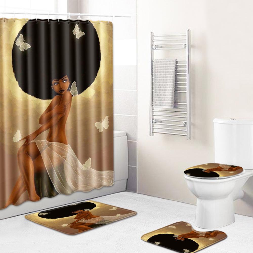 Shower Curtain Floor Mat Set African Woman E-Commerce Bathroom Carpet