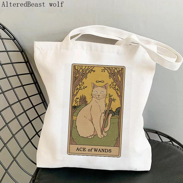 Dam Shopper bag katt Månen Tarot Tryckt Kawaii Väska Harajuku Shopping Canvas Shopper Bag flicka handväska Tote Axel Damväska