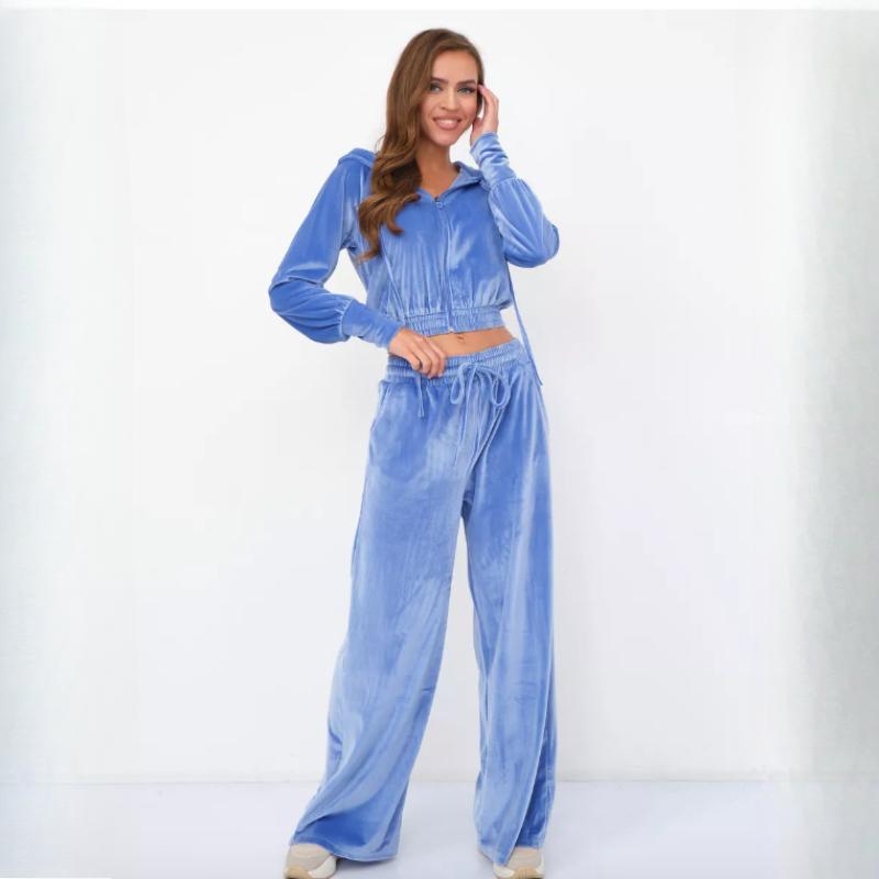 Casual sports velvet 2-piece suit with hooded long-sleeved top and wide-leg pants
