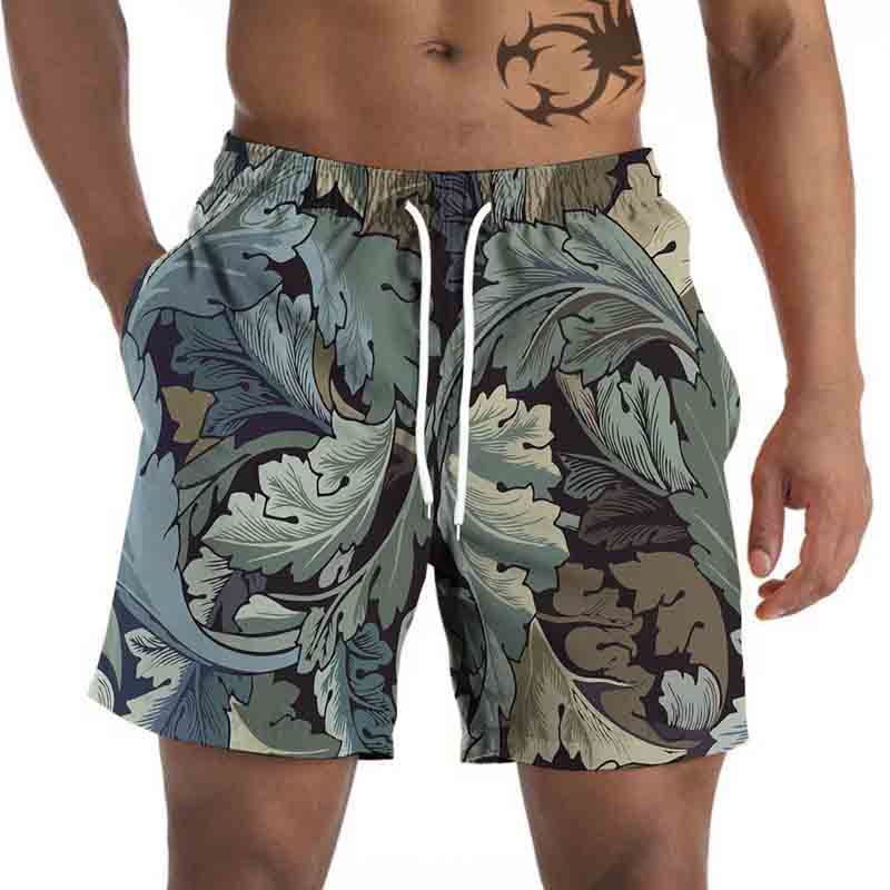 Men's Summer Casual Beach Shorts Palm Tree Print Quick Dry Drawstring Waist
